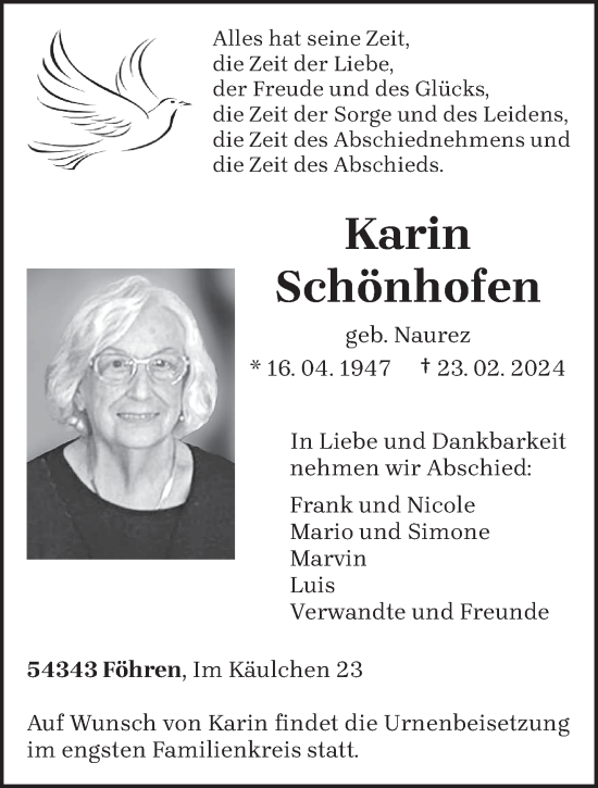 Traueranzeige von Karin Schönhofen von trierischer_volksfreund