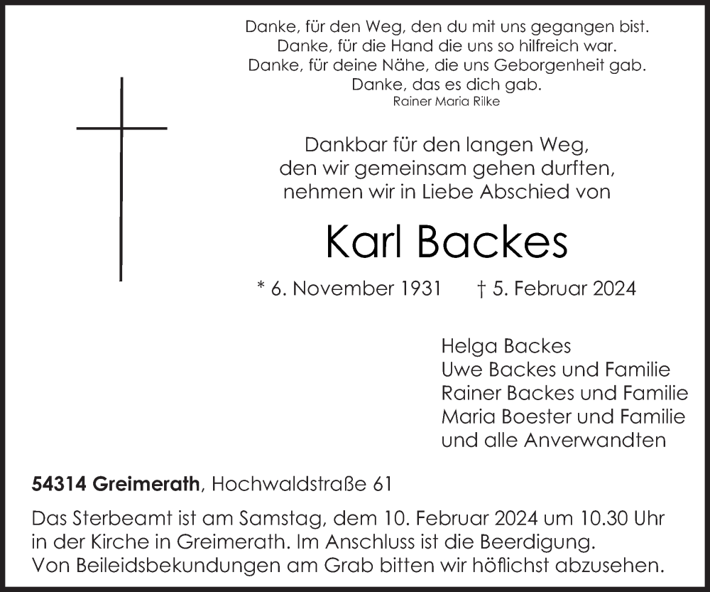  Traueranzeige für Karl Backes vom 09.02.2024 aus trierischer_volksfreund