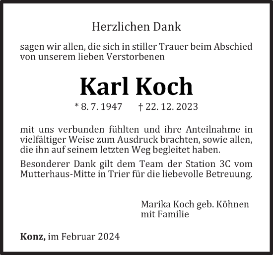 Traueranzeige von Karl Koch von trierischer_volksfreund
