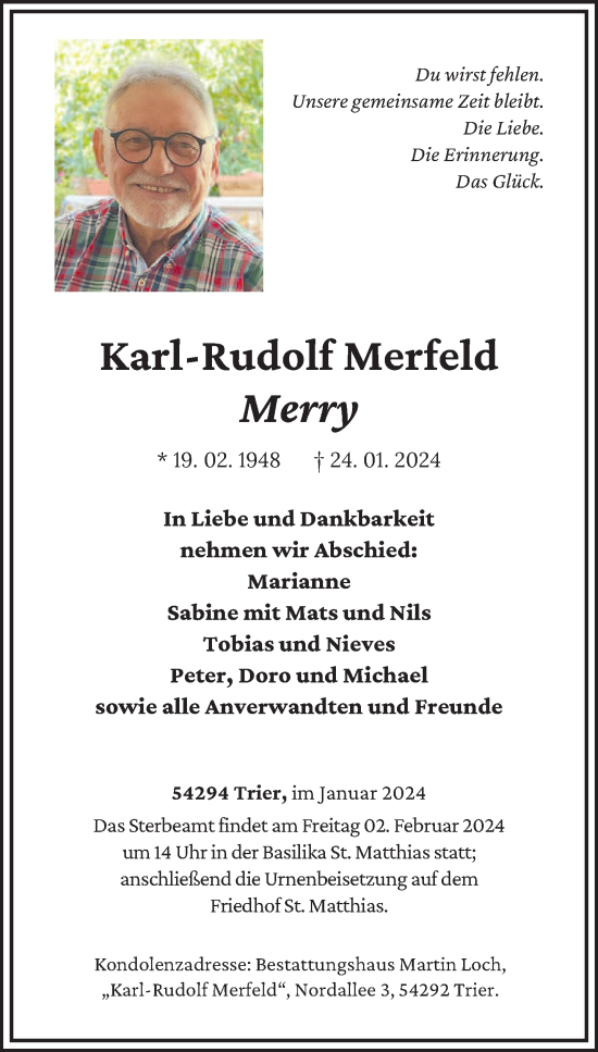 Traueranzeige von Karl-Rudolf Merfeld von trierischer_volksfreund