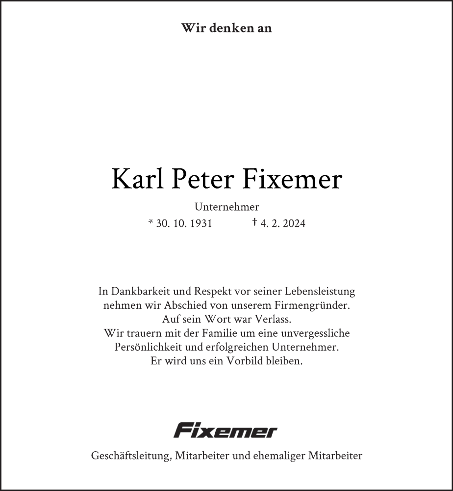  Traueranzeige für Karl Peter Fixemer vom 07.02.2024 aus trierischer_volksfreund