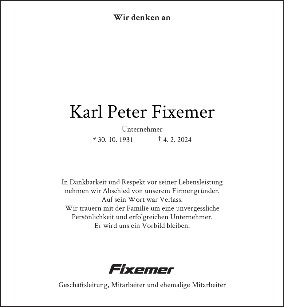  Traueranzeige für Karl Peter Fixemer vom 08.02.2024 aus trierischer_volksfreund