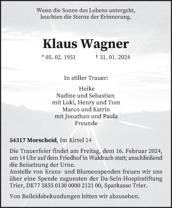 Traueranzeige von Klaus Wagner von trierischer_volksfreund