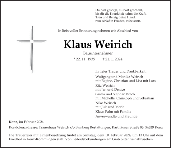 Traueranzeige von Klaus Weirich von trierischer_volksfreund