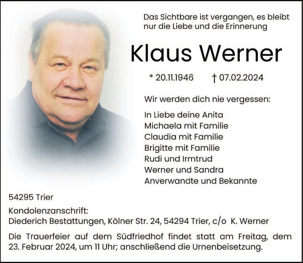  Traueranzeige für Klaus Werner vom 17.02.2024 aus trierischer_volksfreund