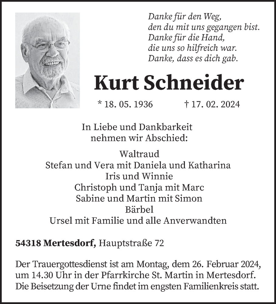  Traueranzeige für Kurt Schneider vom 24.02.2024 aus trierischer_volksfreund