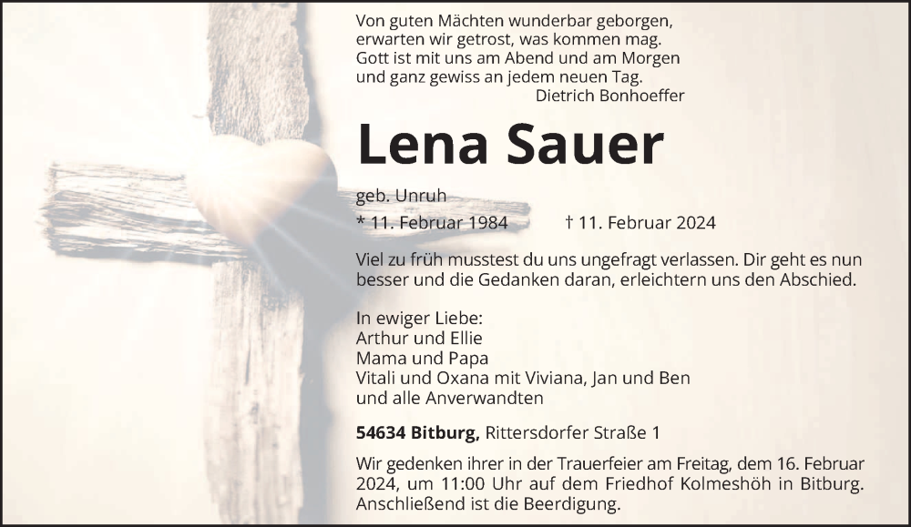  Traueranzeige für Lena Sauer vom 15.02.2024 aus trierischer_volksfreund