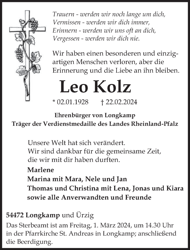  Traueranzeige für Leo Kolz vom 26.02.2024 aus trierischer_volksfreund