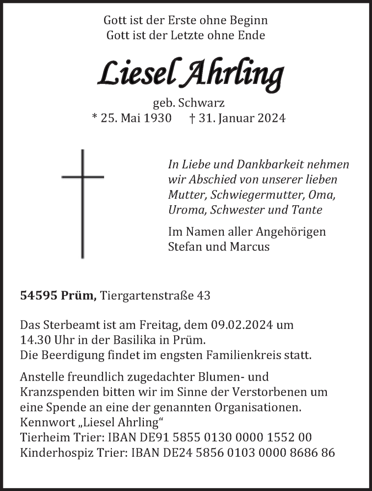  Traueranzeige für Liesel Ahrling vom 05.02.2024 aus trierischer_volksfreund