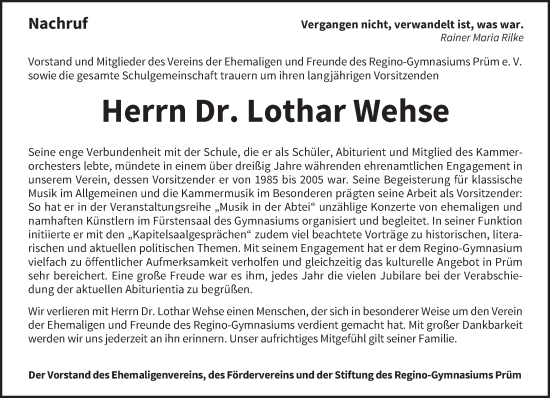 Traueranzeige von Lothar Wehse von trierischer_volksfreund