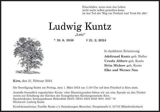 Traueranzeige von Ludwig Kuntz von trierischer_volksfreund
