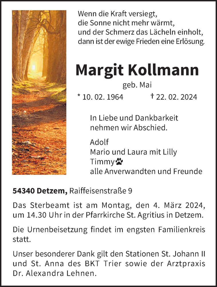  Traueranzeige für Margit Kollmann vom 28.02.2024 aus trierischer_volksfreund