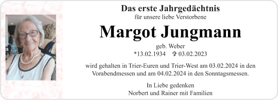 Traueranzeige von Margot Jungmann von trierischer_volksfreund