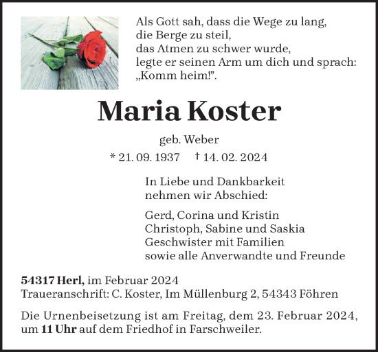 Traueranzeige von Maria Koster von trierischer_volksfreund