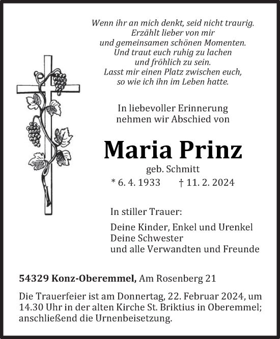Traueranzeige von Maria Prinz von trierischer_volksfreund
