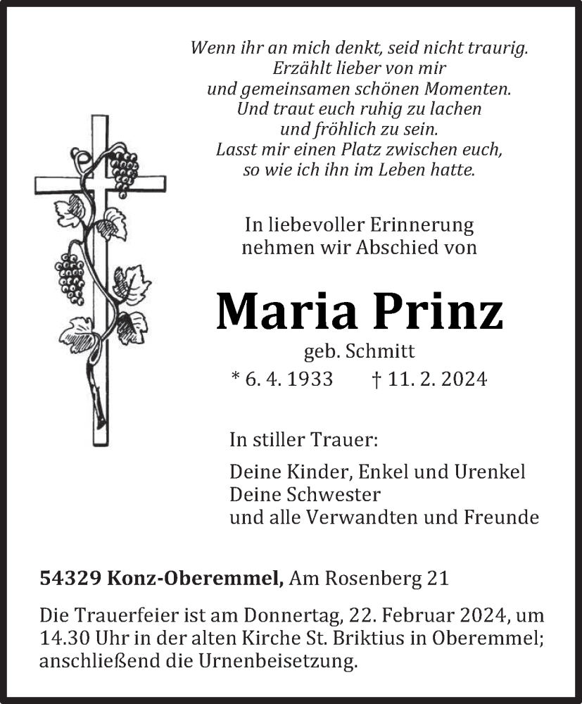  Traueranzeige für Maria Prinz vom 17.02.2024 aus trierischer_volksfreund