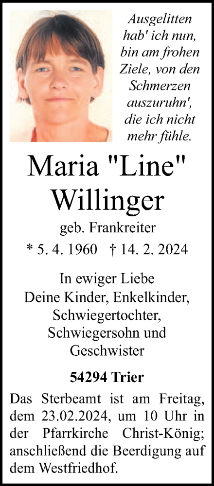  Traueranzeige für Maria Willinger vom 17.02.2024 aus trierischer_volksfreund