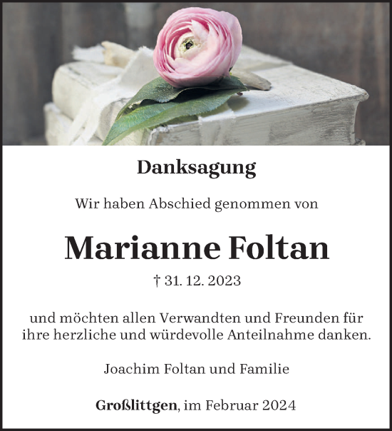 Traueranzeige von Marianne Foltan von trierischer_volksfreund