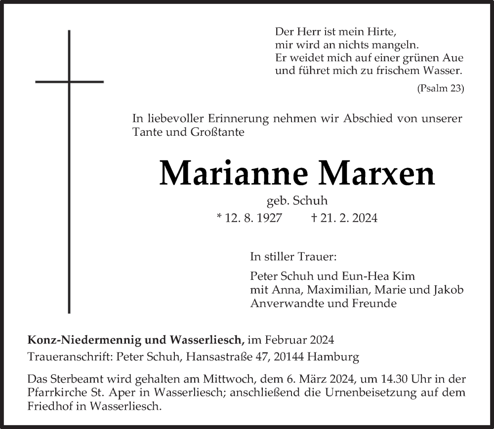  Traueranzeige für Marianne Marxen vom 24.02.2024 aus trierischer_volksfreund