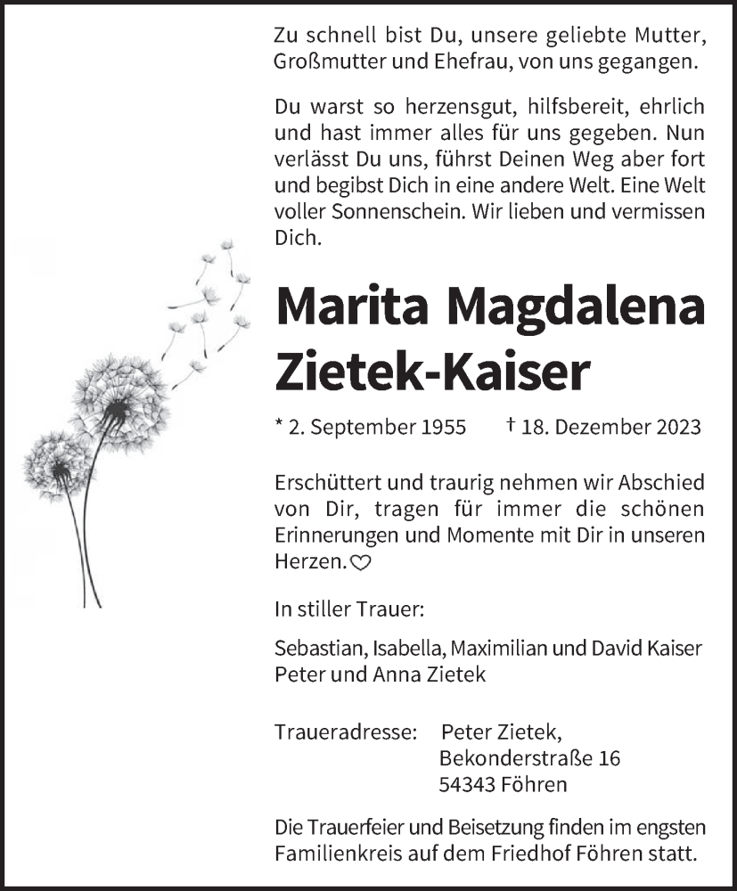  Traueranzeige für Marita Magdalena Zietek-Kaiser vom 01.02.2024 aus trierischer_volksfreund