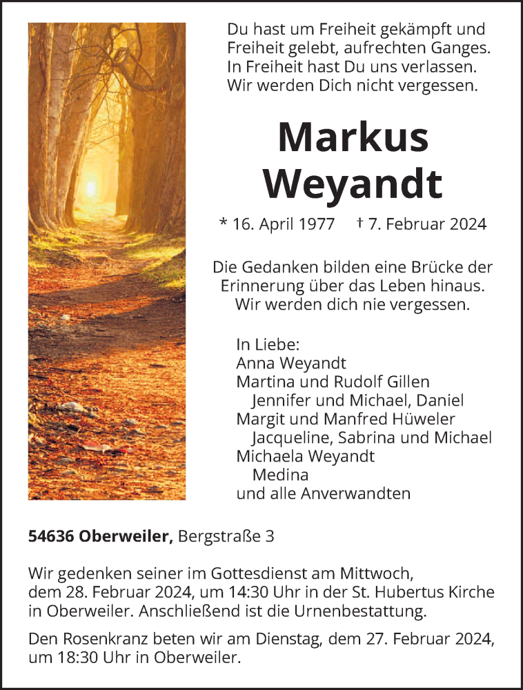  Traueranzeige für Markus Weyandt vom 16.02.2024 aus trierischer_volksfreund