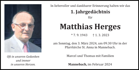 Traueranzeige von Matthias Herges von trierischer_volksfreund