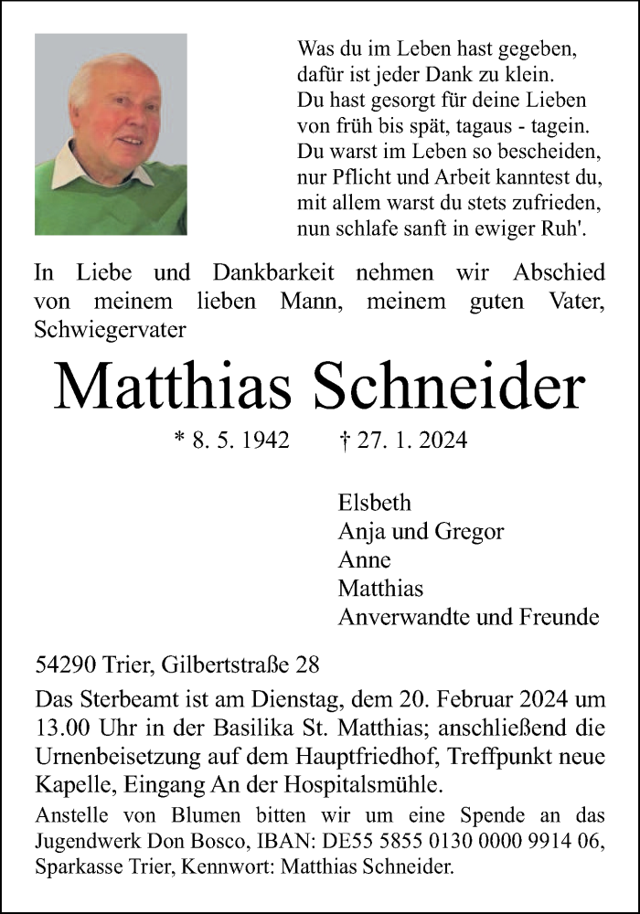  Traueranzeige für Matthias Schneider vom 17.02.2024 aus trierischer_volksfreund
