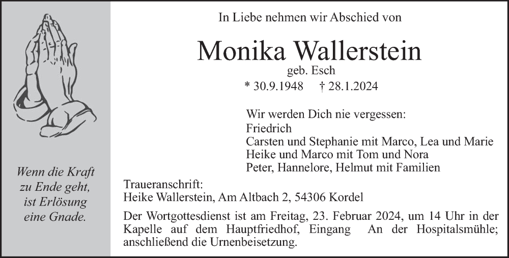  Traueranzeige für Monika Wallerstein vom 17.02.2024 aus trierischer_volksfreund