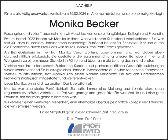 Traueranzeige von Monika Becker  von trierischer_volksfreund