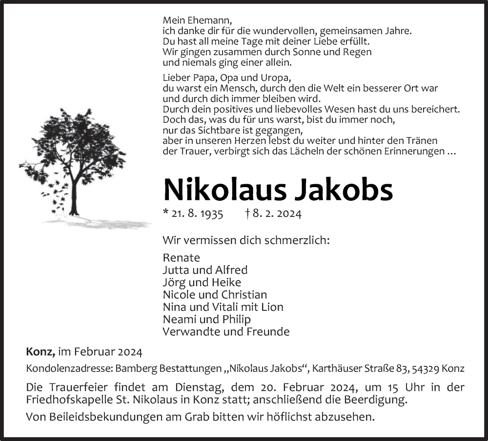  Traueranzeige für Nikolaus Jakobs vom 16.02.2024 aus trierischer_volksfreund