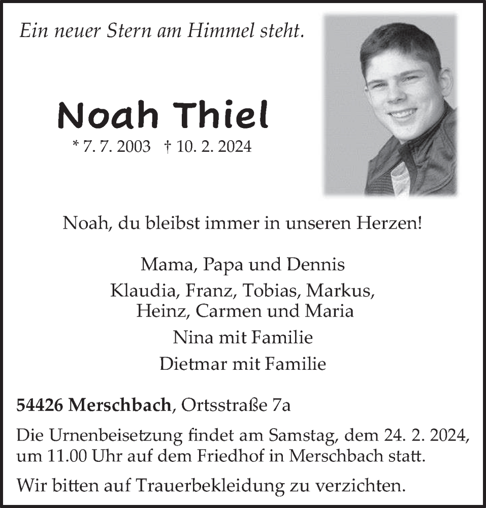  Traueranzeige für Noah Thiel vom 21.02.2024 aus trierischer_volksfreund
