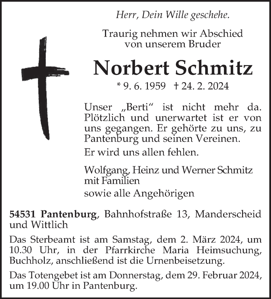  Traueranzeige für Norbert Schmitz vom 28.02.2024 aus trierischer_volksfreund