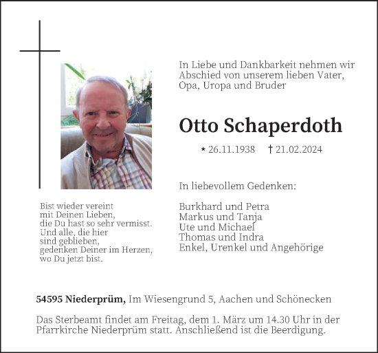 Traueranzeige von Otto Schaperdoth von trierischer_volksfreund