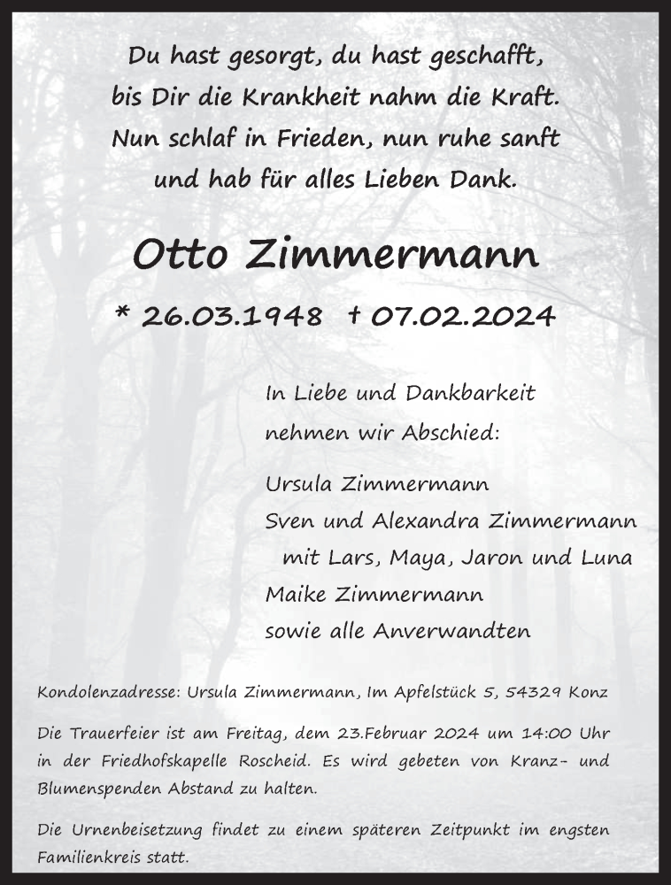  Traueranzeige für Otto Zimmermann vom 17.02.2024 aus trierischer_volksfreund