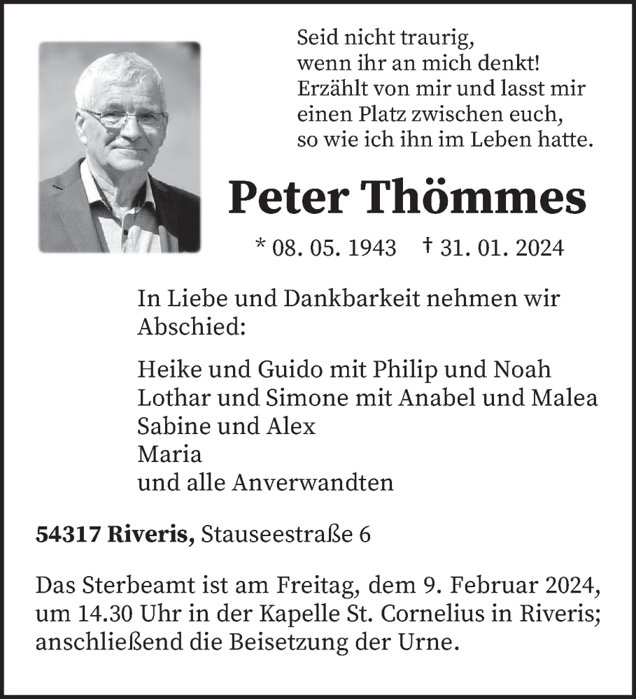  Traueranzeige für Peter Thömmes vom 03.02.2024 aus trierischer_volksfreund