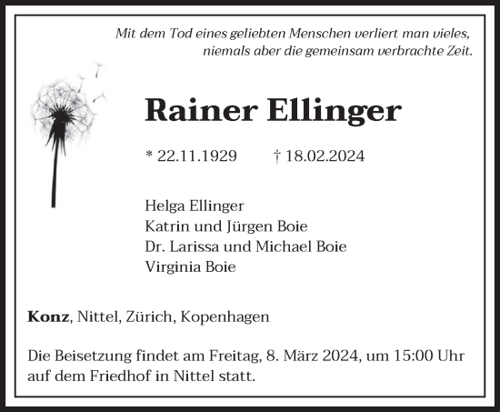 Traueranzeige von Rainer Ellinger von trierischer_volksfreund