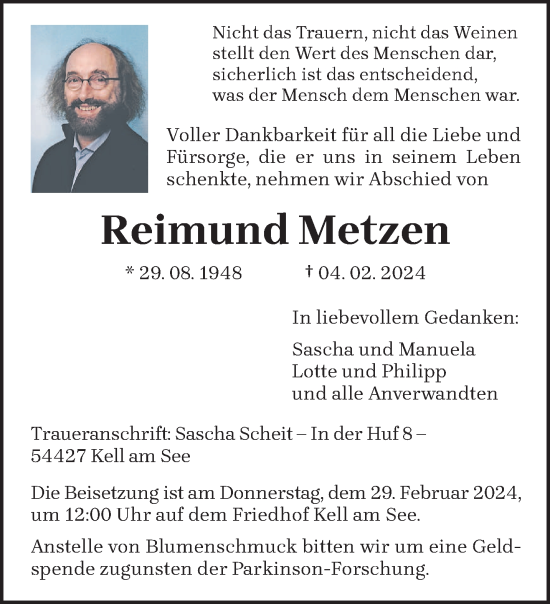 Traueranzeige von Reimund Metzen von trierischer_volksfreund