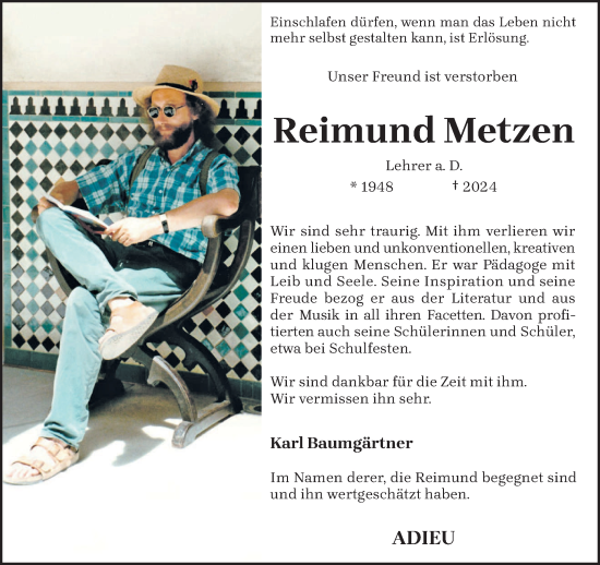 Traueranzeige von Reimund Metzen von trierischer_volksfreund