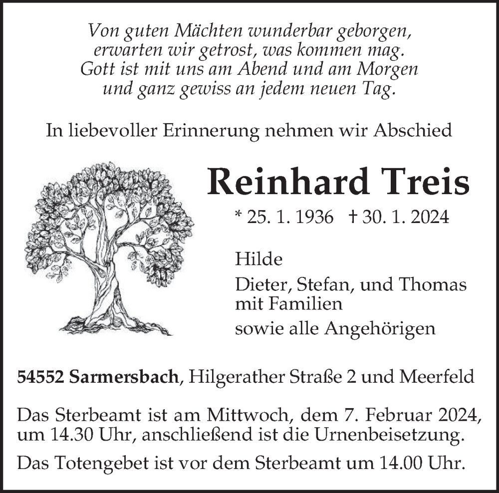  Traueranzeige für Reinhard Treis vom 03.02.2024 aus trierischer_volksfreund