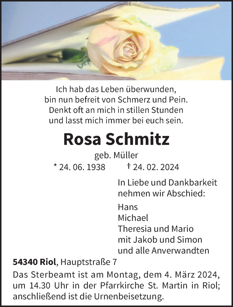  Traueranzeige für Rosa Schmitz vom 28.02.2024 aus trierischer_volksfreund