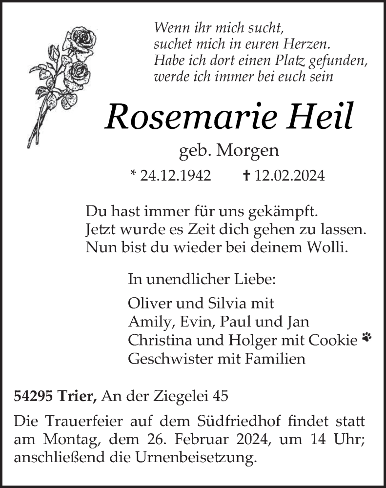  Traueranzeige für Rosemarie Heil vom 21.02.2024 aus trierischer_volksfreund