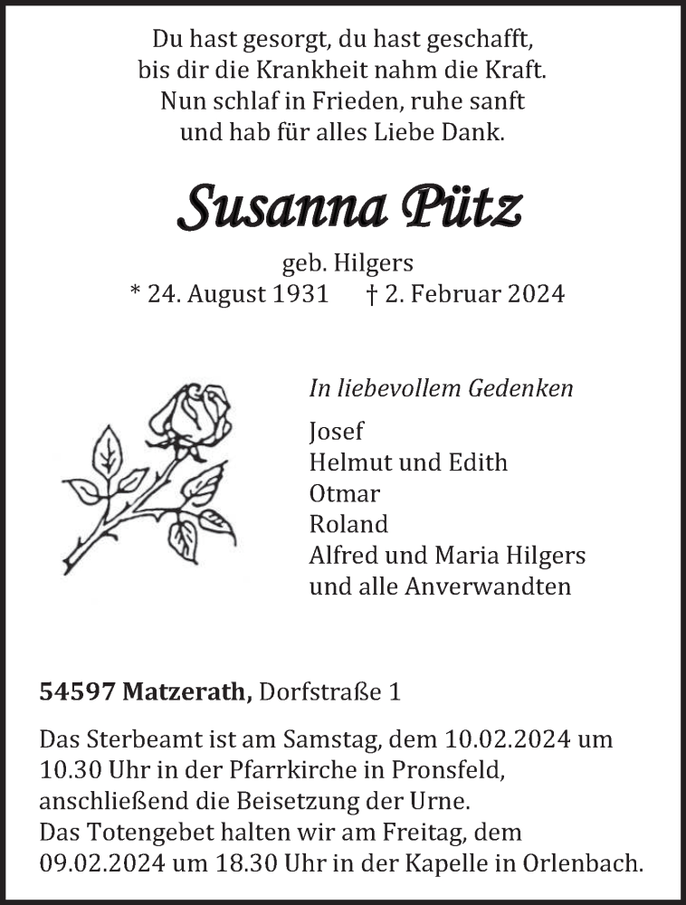  Traueranzeige für Susanna Pütz vom 07.02.2024 aus trierischer_volksfreund