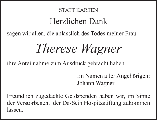Traueranzeige von Therese Wagner von trierischer_volksfreund