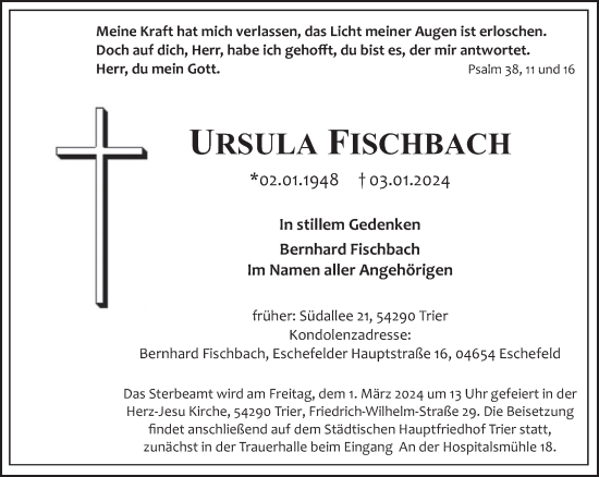 Traueranzeige von Ursula Fischbach von trierischer_volksfreund