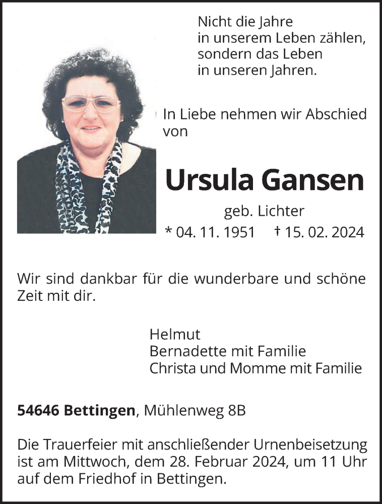  Traueranzeige für Ursula Gansen vom 24.02.2024 aus trierischer_volksfreund