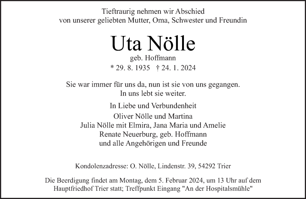  Traueranzeige für Uta Nölle vom 03.02.2024 aus trierischer_volksfreund