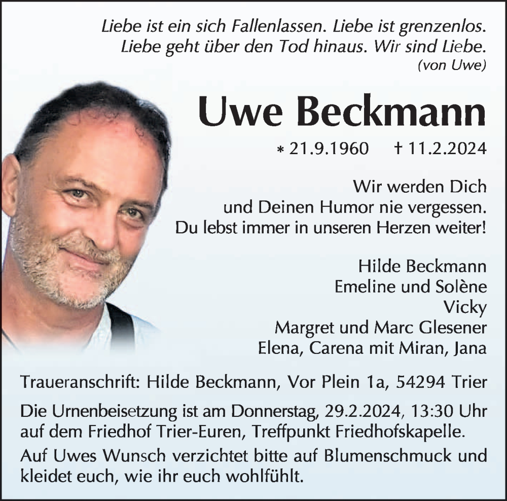  Traueranzeige für Uwe Beckmann vom 24.02.2024 aus trierischer_volksfreund