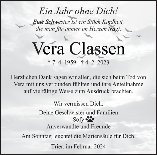 Traueranzeige von Vera Classen von trierischer_volksfreund