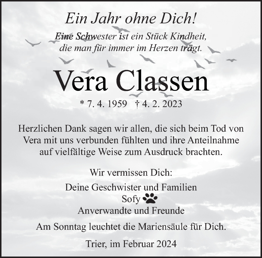  Traueranzeige für Vera Classen vom 03.02.2024 aus trierischer_volksfreund
