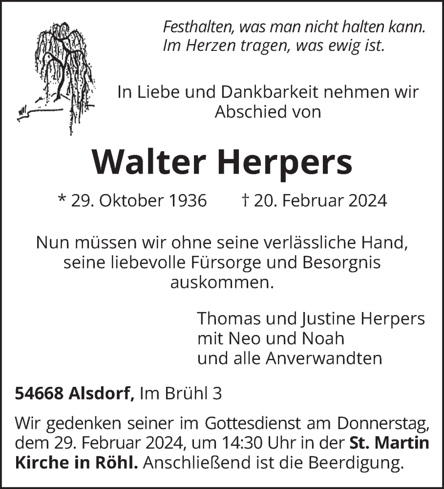  Traueranzeige für Walter Herpers vom 23.02.2024 aus trierischer_volksfreund